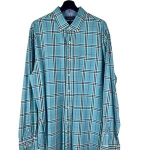 Crown & Ivy Mens Classic Fit Plaid Button Down Shirt Teal Large Long Sleeve